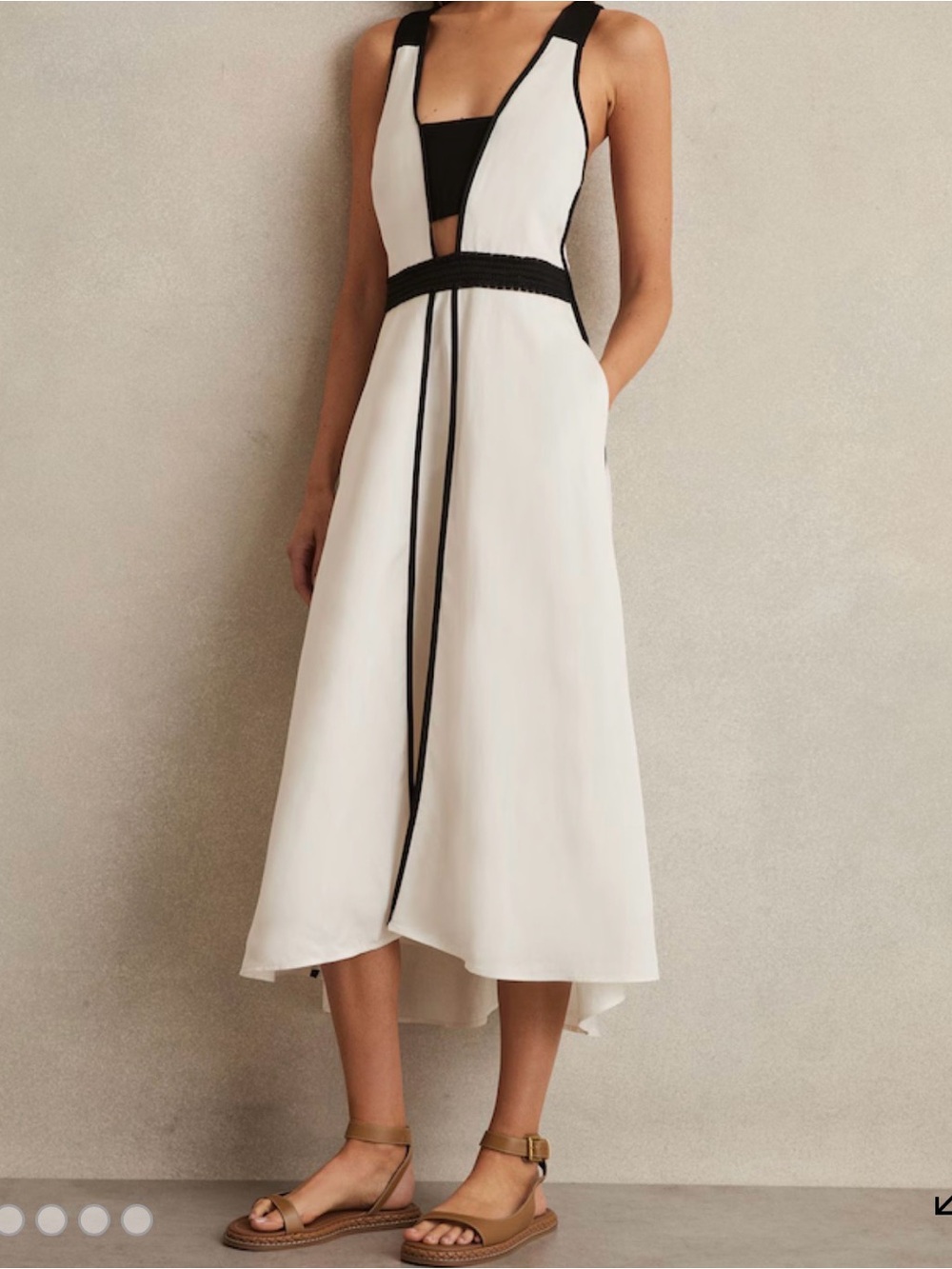 Sleeveless off-White Midi Dress with Black Trim